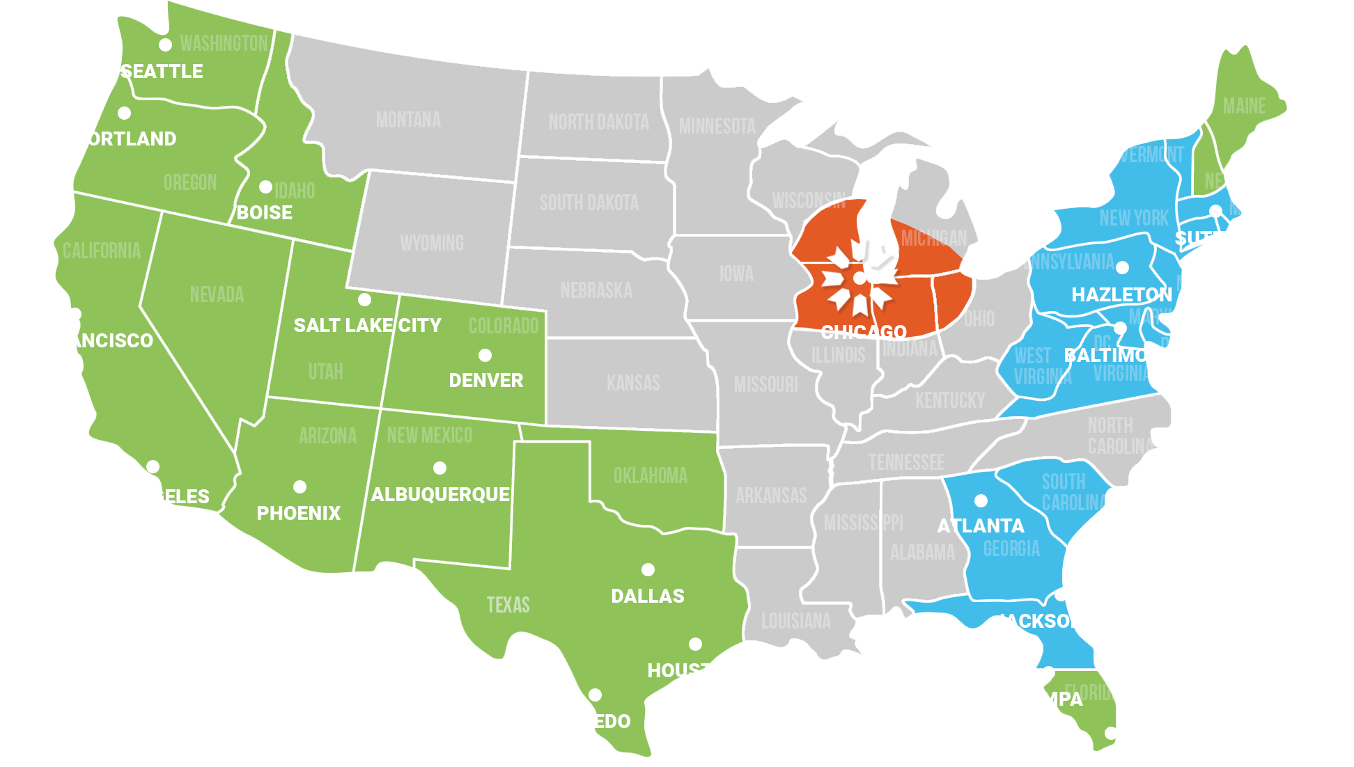 west and east coast ohare cold shipping areas map